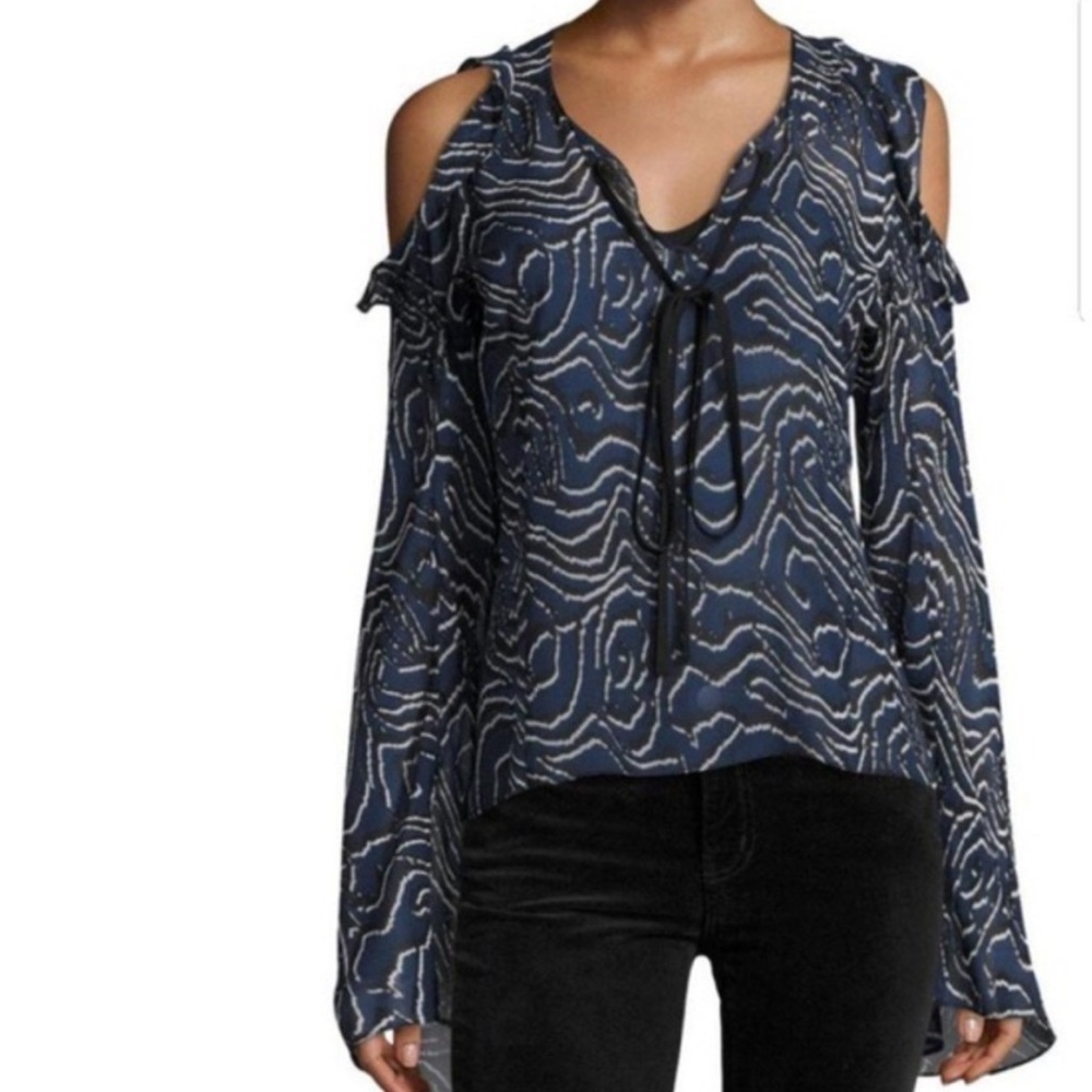 Derek Lam 10 Crosby ruffled open shoulder belle sleeve sheer silk blouse blue 2